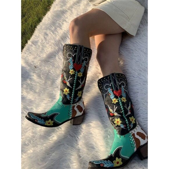 Western Cowboy Boots Women Colorful Embroidered Black Turquoise Red Yellow - Picture 7 of 7